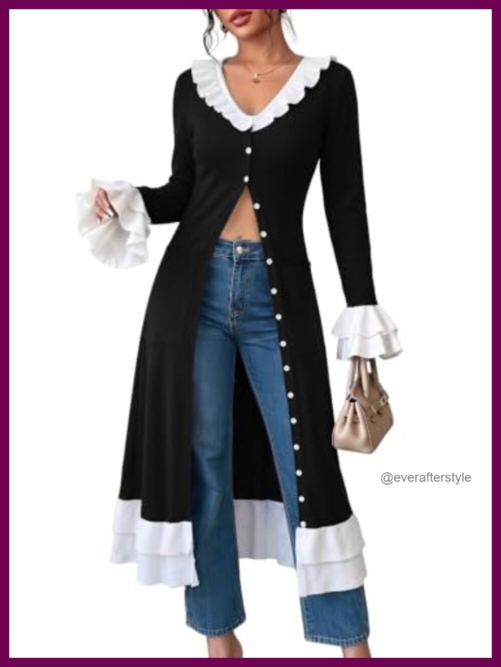 Womens Maxi Cardigan Bell Sleeve Duster Sweater Lightweight Ruffle Hem